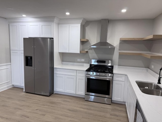 4819 W 109th St Unit 204, Oak Lawn, IL 60453 - kitchen with open shelves, stainless steel appliances, wall chimney range hood, white cabinetry, and light stone countertops