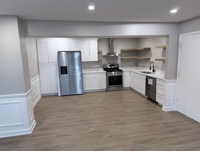 4819 W 109th St Unit 204, Oak Lawn, IL 60453 - kitchen with appliances with stainless steel finishes, wall chimney exhaust hood, open shelves, white cabinetry, and light countertops