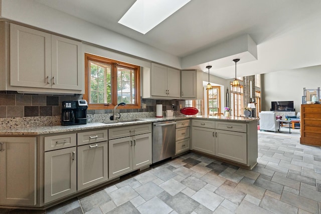 3063 Wedgewood Dr, Dekalb, IL 60115 - kitchen with stainless steel dishwasher, a peninsula, gray cabinetry, and tasteful backsplash