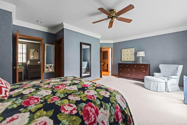 3063 Wedgewood Dr, Dekalb, IL 60115 - bedroom featuring ornamental molding, carpet floors, a ceiling fan, and ensuite bathroom