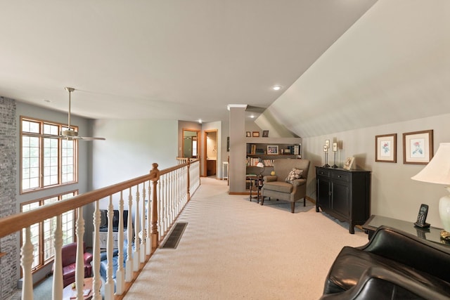 3063 Wedgewood Dr, Dekalb, IL 60115 - living area with light carpet, lofted ceiling, recessed lighting, and a ceiling fan
