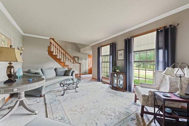 3063 Wedgewood Dr, Dekalb, IL 60115 - carpeted living room with ornamental molding and stairway