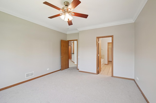 11636 Waterway Ct, Orland Park, IL 60467 - unfurnished bedroom featuring ornamental molding, light colored carpet, connected bathroom, and a ceiling fan