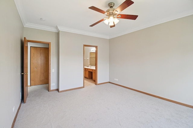11636 Waterway Ct, Orland Park, IL 60467 - unfurnished bedroom with crown molding, light colored carpet, ensuite bathroom, and a ceiling fan
