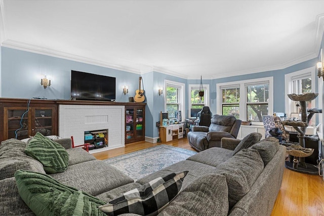 126 N Austin Blvd Unit 2N, Oak Park, IL 60302 - living area with wood finished floors, ornamental molding, and a brick fireplace