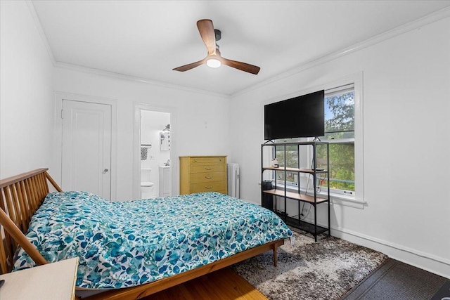 126 N Austin Blvd Unit 2N, Oak Park, IL 60302 - bedroom featuring crown molding, radiator heating unit, wood finished floors, connected bathroom, and ceiling fan