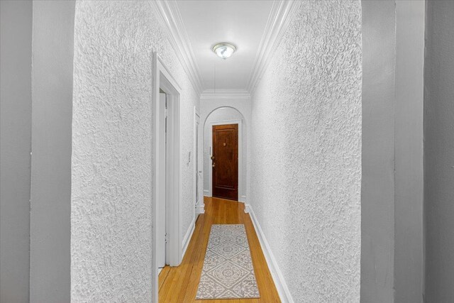 126 N Austin Blvd Unit 2N, Oak Park, IL 60302 - hallway featuring a textured wall, crown molding, and wood finished floors