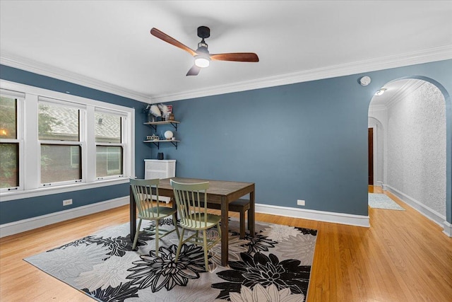 126 N Austin Blvd Unit 2N, Oak Park, IL 60302 - dining room featuring arched walkways, a ceiling fan, wood finished floors, and ornamental molding