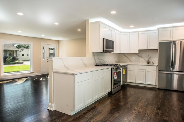 1028 Valley Stream Dr, Wheeling, IL 60090 - kitchen with appliances with stainless steel finishes, decorative backsplash, dark wood finished floors, white cabinetry, and light stone countertops