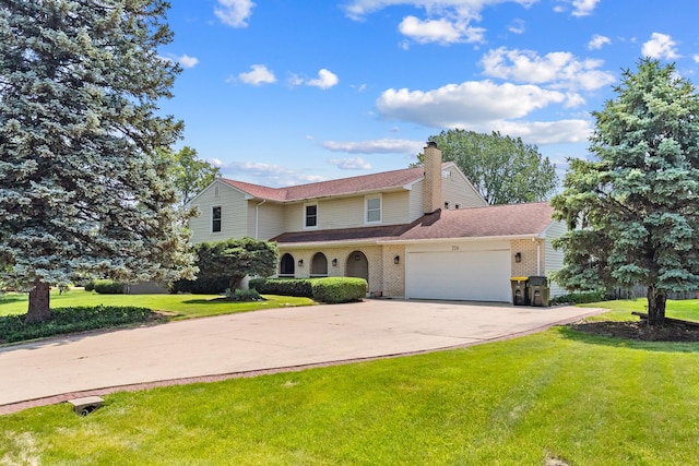 739 Crest Ave, Schaumburg, IL 60193 - traditional-style home with an attached garage, concrete driveway, a front yard, and a chimney