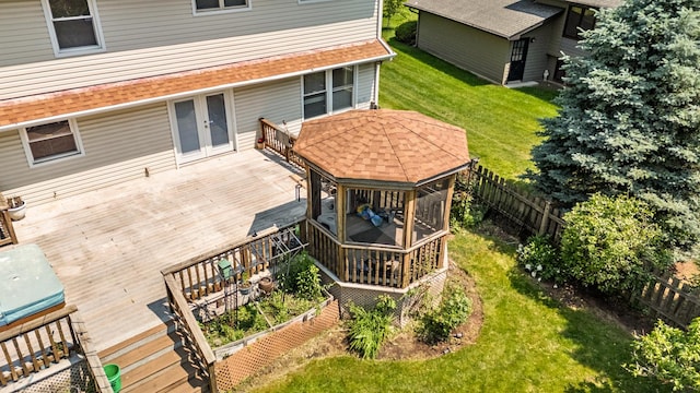 739 Crest Ave, Schaumburg, IL 60193 - wooden terrace with a fenced backyard, a gazebo, and french doors
