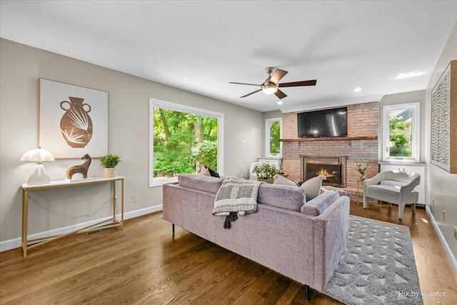 515 Timbers Trl, Saint Charles, IL 60174 - living room with a ceiling fan, wood finished floors, a brick fireplace, and recessed lighting
