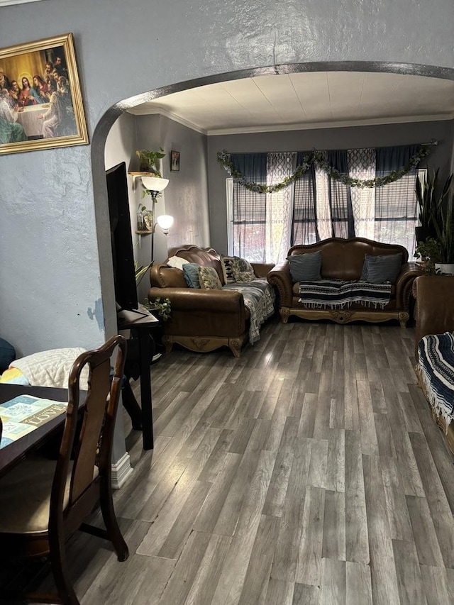 5409 S Richmond St, Chicago, IL 60632 - living area with ornamental molding, healthy amount of natural light, a textured wall, and wood finished floors