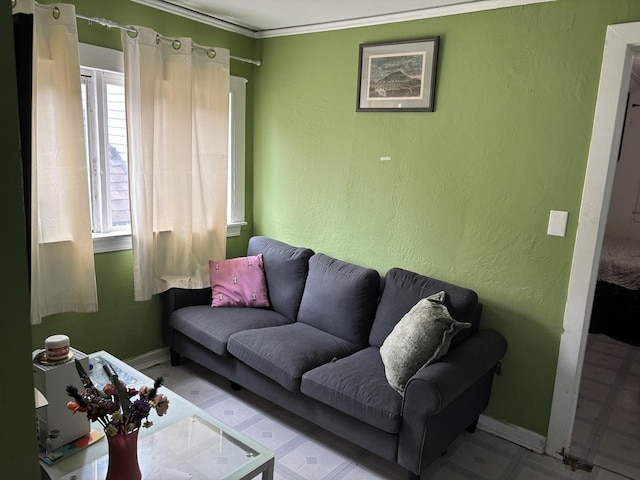 5409 S Richmond St, Chicago, IL 60632 - living area with healthy amount of natural light, crown molding, a textured wall, and tile patterned floors