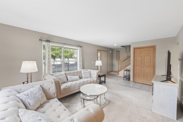 18211 Eagle Dr, Tinley Park, IL 60477 - living area with stairway, light tile patterned flooring, and light carpet