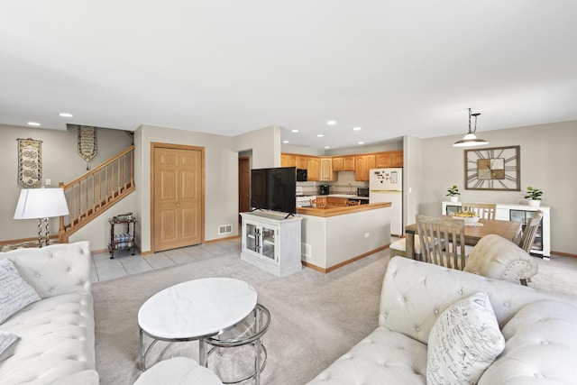 18211 Eagle Dr, Tinley Park, IL 60477 - living room with wine cooler, stairs, recessed lighting, and light carpet