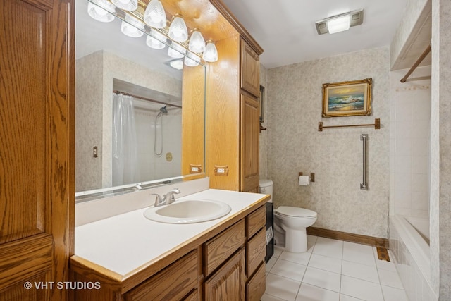 715 N Lawler Ave, Addison, IL 60101 - bathroom featuring wallpapered walls, vanity, tile patterned flooring, and shower / bathtub combination with curtain