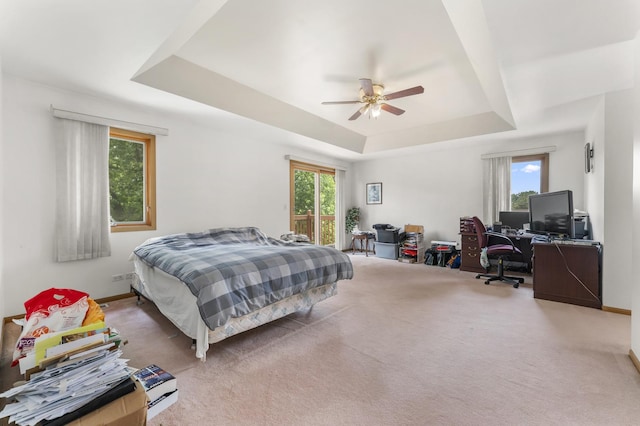 1007 Wildwood Ln, Mount Prospect, IL 60056 - carpeted bedroom featuring a raised ceiling, an office area, access to outside, and a ceiling fan