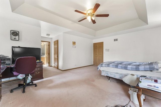 1007 Wildwood Ln, Mount Prospect, IL 60056 - bedroom featuring a raised ceiling, light colored carpet, a desk, and ceiling fan