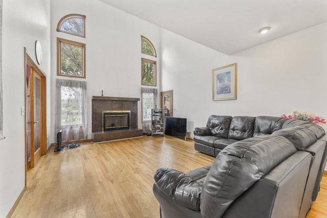 1007 Wildwood Ln, Mount Prospect, IL 60056 - living area with light wood-style floors, a fireplace, and a towering ceiling