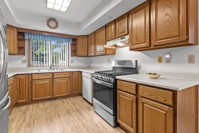 23201 Norma Ln, Harvard, IL 60033 - kitchen featuring stainless steel appliances, open shelves, under cabinet range hood, and brown cabinetry