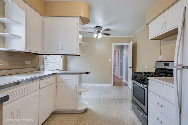 8822 S Paulina St, Chicago, IL 60620 - kitchen with open shelves, stainless steel range with gas cooktop, a ceiling fan, light countertops, and white cabinets