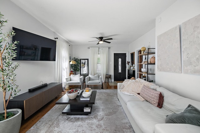 443 W Water St, Kankakee, IL 60901 - living room featuring wood finished floors and a ceiling fan