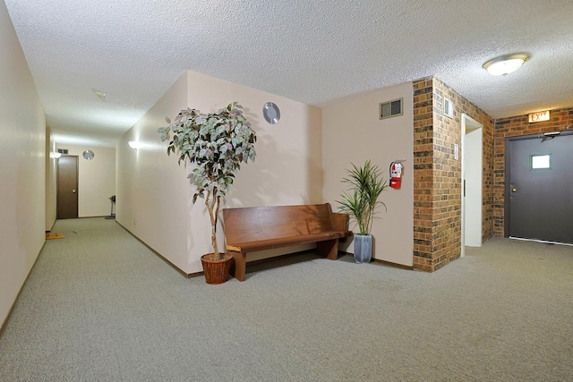 1501 Woodbridge Rd Unit 3E, Joliet, IL 60436 - hall featuring carpet flooring, brick wall, and a textured ceiling