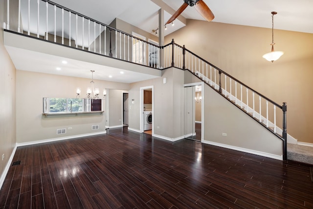3050 Ashton Ct, Westchester, IL 60154 - unfurnished living room featuring a chandelier, stairway, wood finished floors, washer / clothes dryer, and ceiling fan