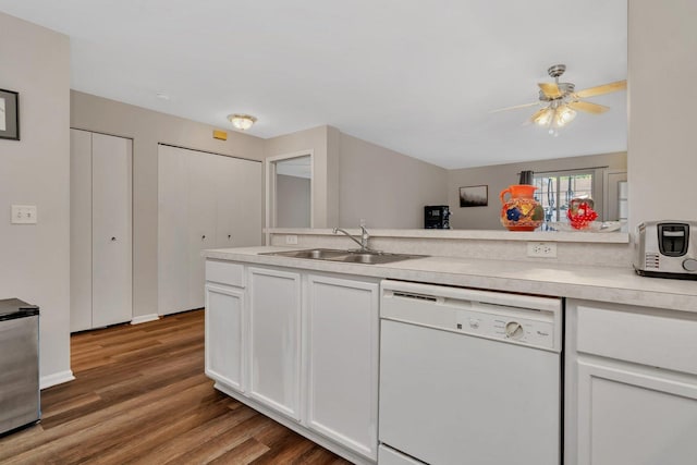 1303 Silverstone Dr Unit 1303, Carpentersville, IL 60110 - kitchen featuring dishwasher, wood finished floors, light countertops, ceiling fan, and white cabinets