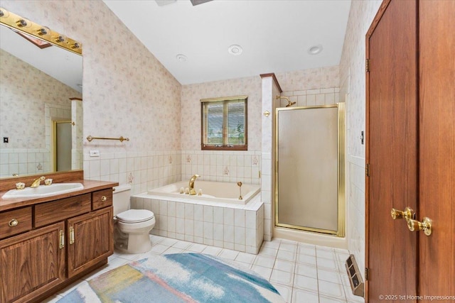 4616 W 105th Pl, Oak Lawn, IL 60453 - bathroom with wallpapered walls, vanity, a garden tub, a shower stall, and tile patterned flooring