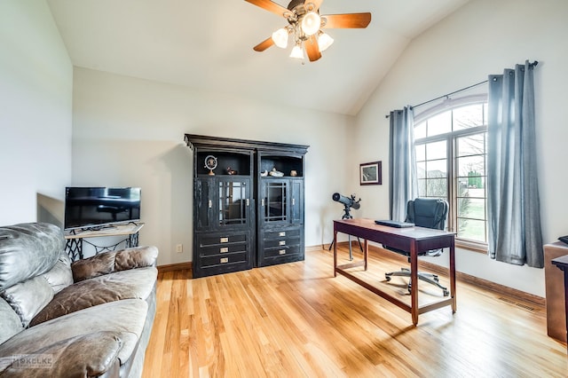 9299 Lee Hill Rd, Newark, IL 60541 - office with ceiling fan, lofted ceiling, and light wood-style floors