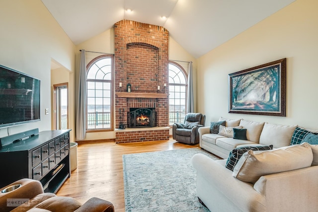 9299 Lee Hill Rd, Newark, IL 60541 - living area with light wood-style floors, high vaulted ceiling, and a fireplace