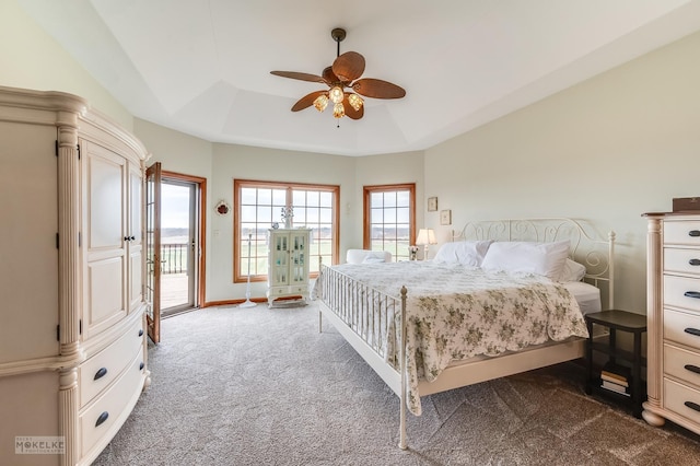 9299 Lee Hill Rd, Newark, IL 60541 - bedroom with dark carpet, access to exterior, a raised ceiling, and ceiling fan
