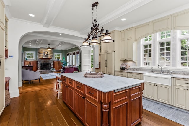 2423 Harrison St, Evanston, IL 60201 - kitchen with a large fireplace, ceiling fan, arched walkways, dark wood-style floors, and light stone countertops