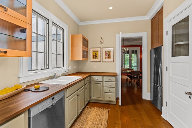 2423 Harrison St, Evanston, IL 60201 - kitchen with wood counters, dishwasher, freestanding refrigerator, dark wood finished floors, and glass insert cabinets