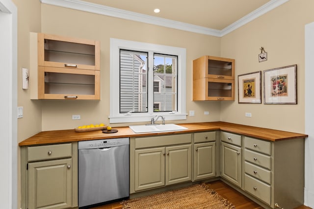 2423 Harrison St, Evanston, IL 60201 - kitchen with butcher block counters, stainless steel dishwasher, crown molding, glass insert cabinets, and dark wood-type flooring