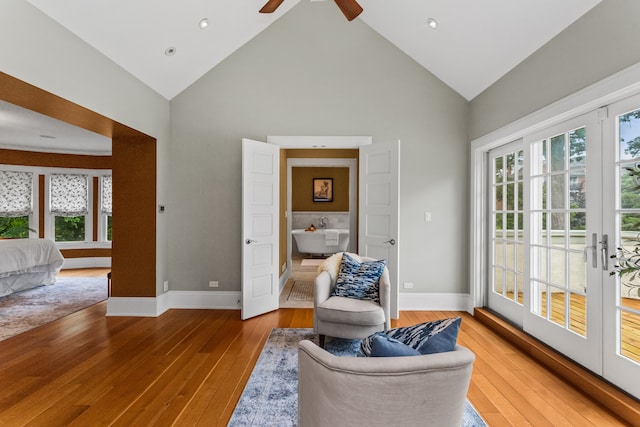 2423 Harrison St, Evanston, IL 60201 - sitting room with high vaulted ceiling, plenty of natural light, ceiling fan, wood-type flooring, and recessed lighting
