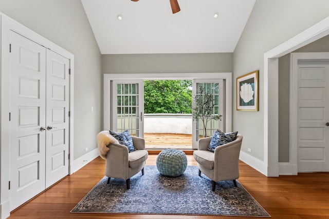 2423 Harrison St, Evanston, IL 60201 - sitting room featuring vaulted ceiling, hardwood / wood-style flooring, a ceiling fan, and recessed lighting
