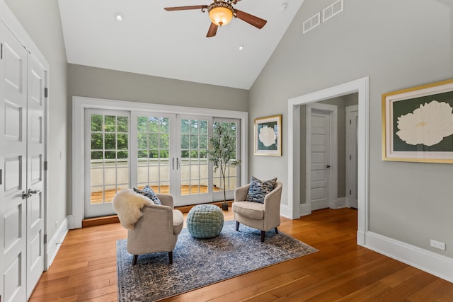 2423 Harrison St, Evanston, IL 60201 - living area with high vaulted ceiling, hardwood / wood-style floors, ceiling fan, and recessed lighting