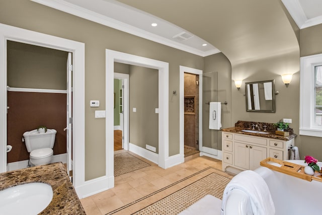 2423 Harrison St, Evanston, IL 60201 - bathroom featuring vanity, crown molding, a stall shower, and recessed lighting