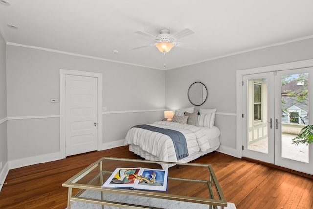 2423 Harrison St, Evanston, IL 60201 - bedroom featuring access to outside, french doors, wood finished floors, ornamental molding, and a ceiling fan