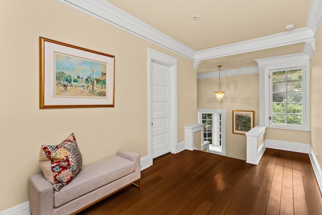 2423 Harrison St, Evanston, IL 60201 - sitting room featuring dark wood-style floors and ornamental molding