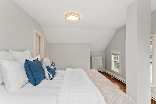 2423 Harrison St, Evanston, IL 60201 - bedroom featuring vaulted ceiling, dark wood finished floors, and a baseboard radiator