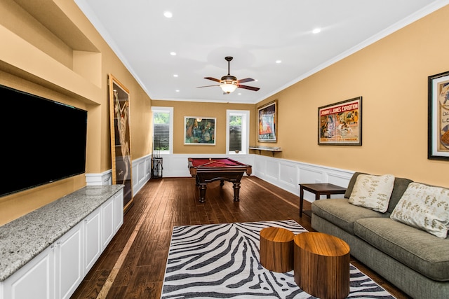 2423 Harrison St, Evanston, IL 60201 - rec room with crown molding, pool table, dark wood finished floors, recessed lighting, and wainscoting