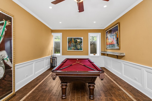 2423 Harrison St, Evanston, IL 60201 - game room featuring a ceiling fan, pool table, hardwood / wood-style floors, crown molding, and wainscoting