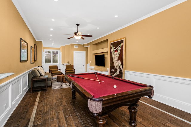 2423 Harrison St, Evanston, IL 60201 - recreation room featuring ornamental molding, billiards table, dark wood-type flooring, a decorative wall, and ceiling fan