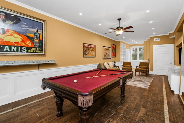 2423 Harrison St, Evanston, IL 60201 - game room with a ceiling fan, wood finished floors, ornamental molding, recessed lighting, and pool table