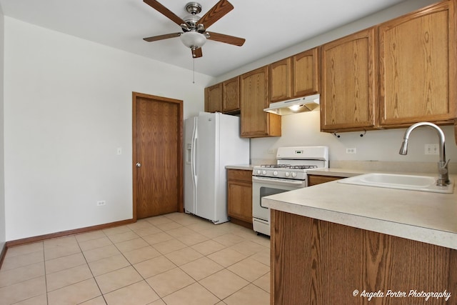509 Legend Ln, Mchenry, IL 60050 - kitchen featuring white appliances, under cabinet range hood, light countertops, ceiling fan, and light tile patterned floors