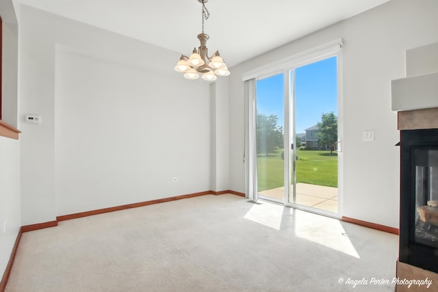509 Legend Ln, Mchenry, IL 60050 - unfurnished dining area featuring a chandelier, carpet flooring, and a multi sided fireplace